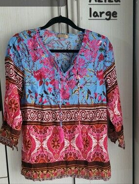 Anthropologie Aziza Floral Tunic in Blue, Pink & Brown